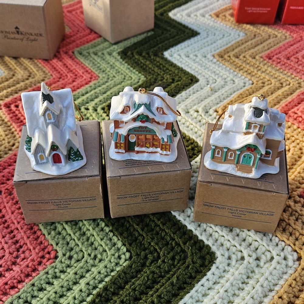 Lot Of 3 Snow Frost Falls Victorian Village Light Cover Christmas Ornaments VTG